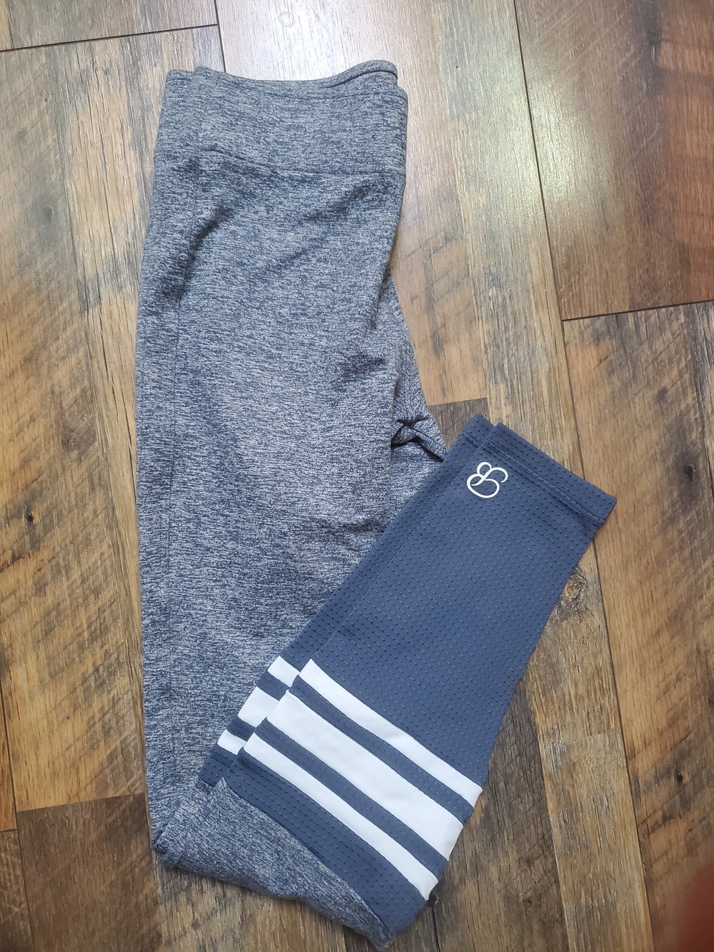 Bombshell Sportswear Gray Leggings with Navy Lower Panel and White Stripes